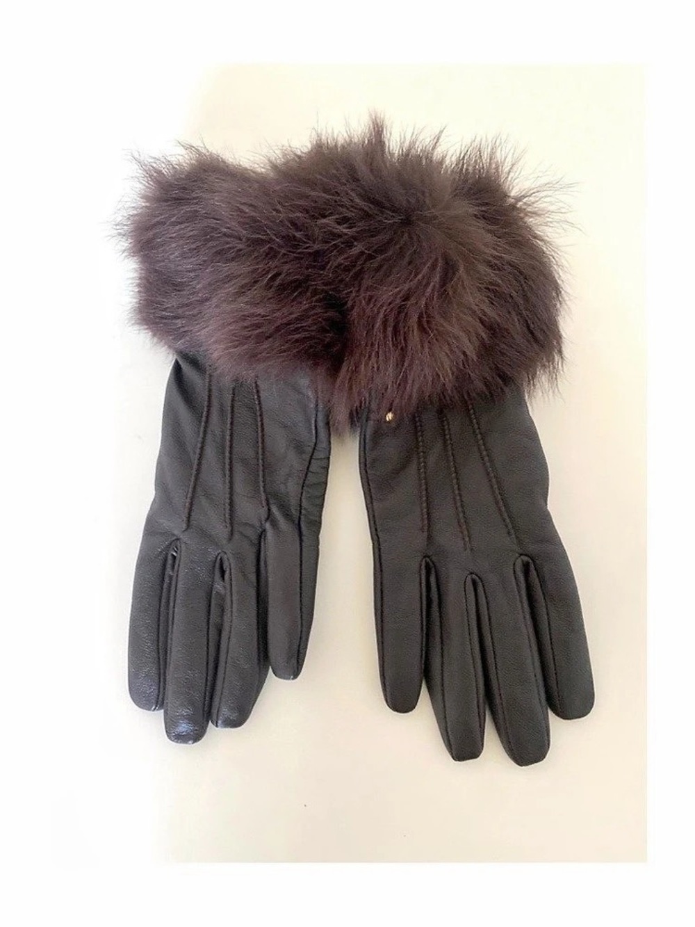 Fownes Leather Gloves Wool Cashmere Blend Real Shearling Fur Cuff Brown Sz S
